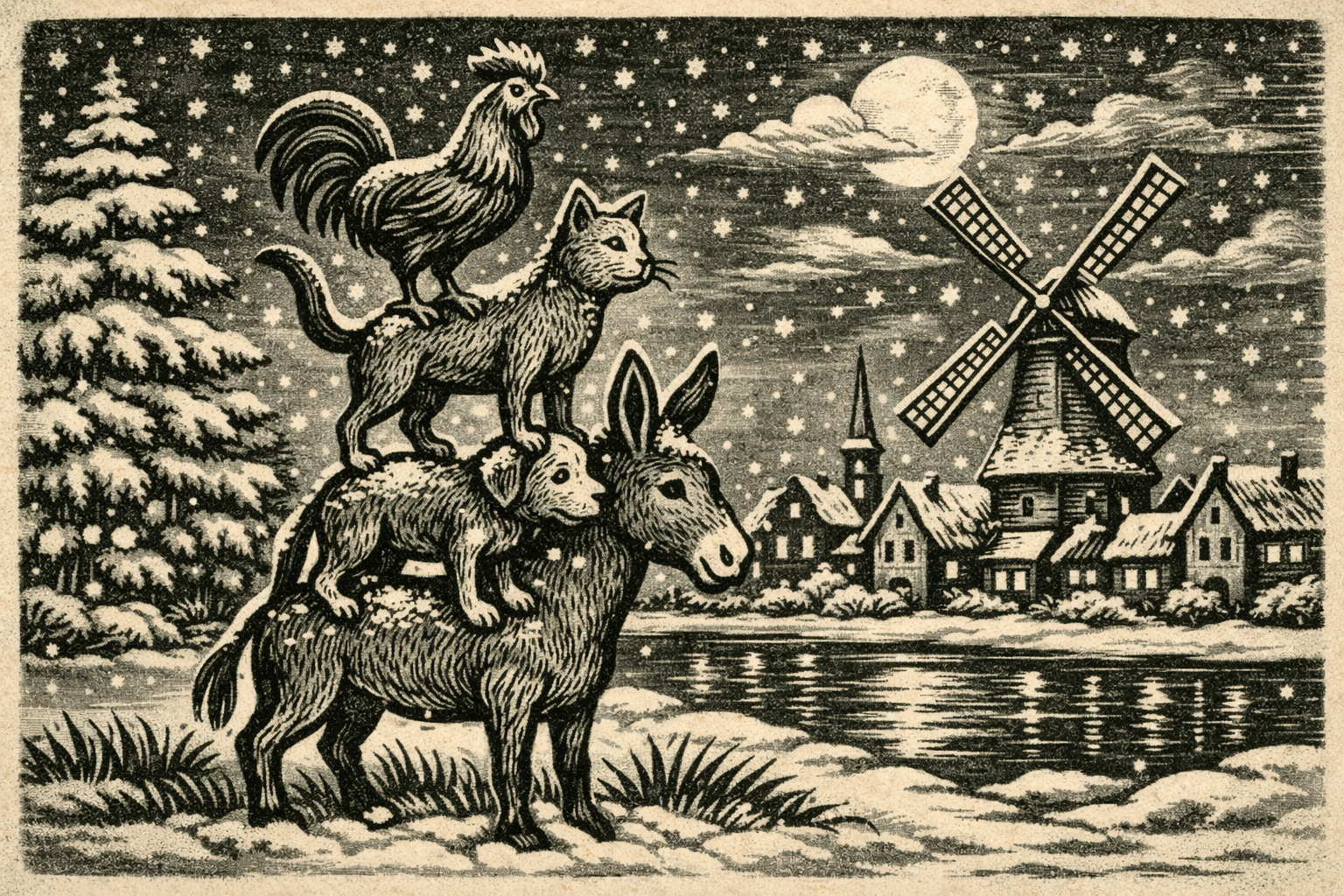 De Bremen Stadsmuzikanten in de sneeuw