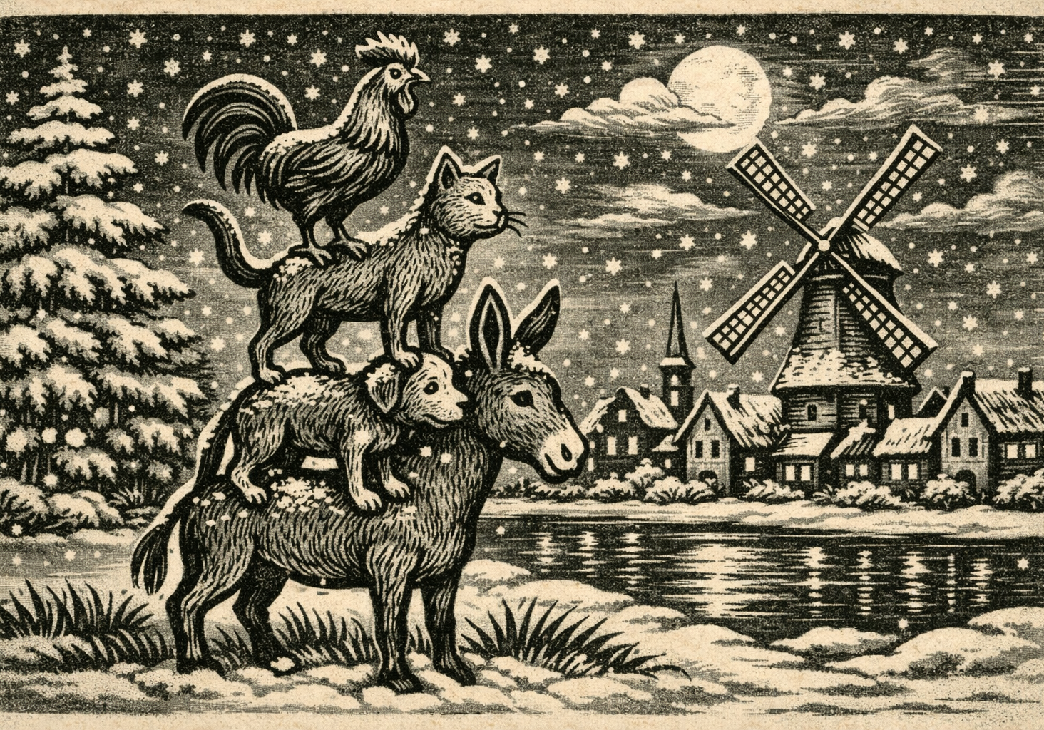 De Bremen Stadsmuzikanten in de sneeuw